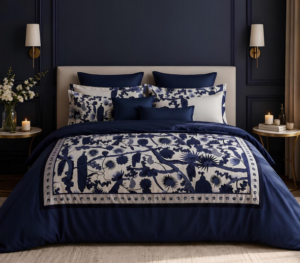 Navy Blue & Cream Floral King Bedsheet Set