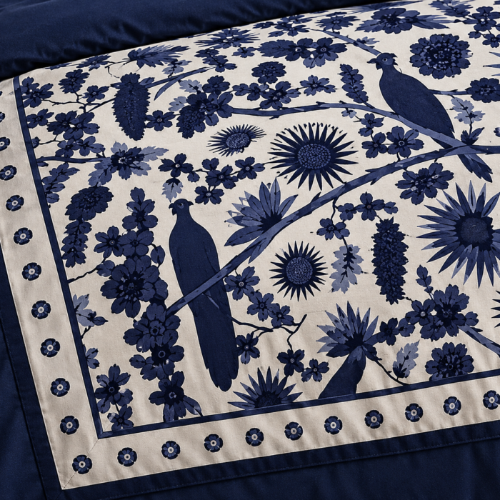 Navy Botanical Bird Print Bedding-1